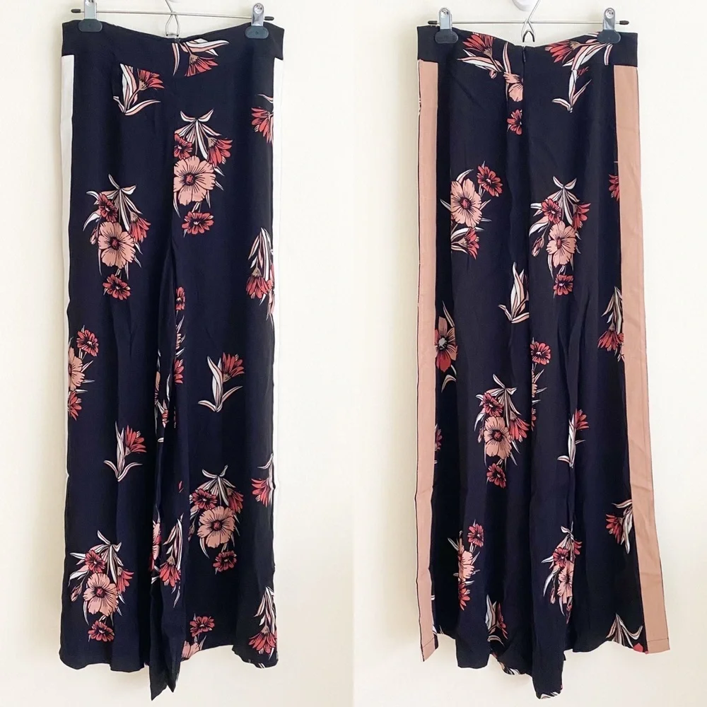 Eva Longoria Floral Ribbon Stripe Wide Leg Crepe Trouser Pant Black Pink 6 - Picture 2 of 12